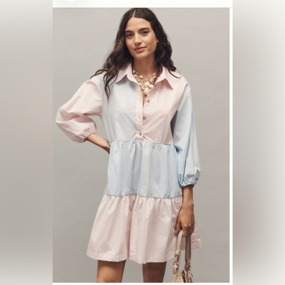 Anthropologie Dresses & Skirts - Two-Tone Pastel Pink & Blue Bettina Stripe Mix Tiered Mini Shirt Dress by Maeve